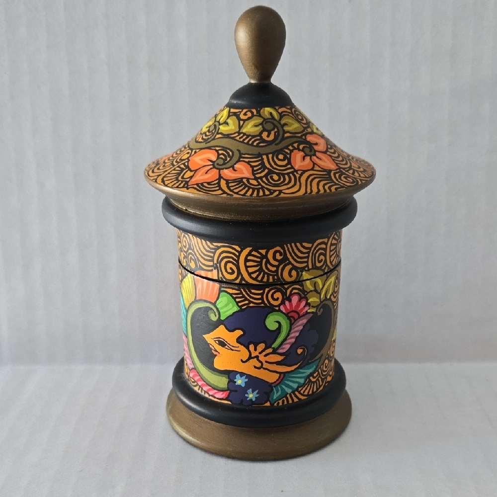Indonesian Painted Wooden Jar with Lid EUC 2.75" Diameter 5.75" Height